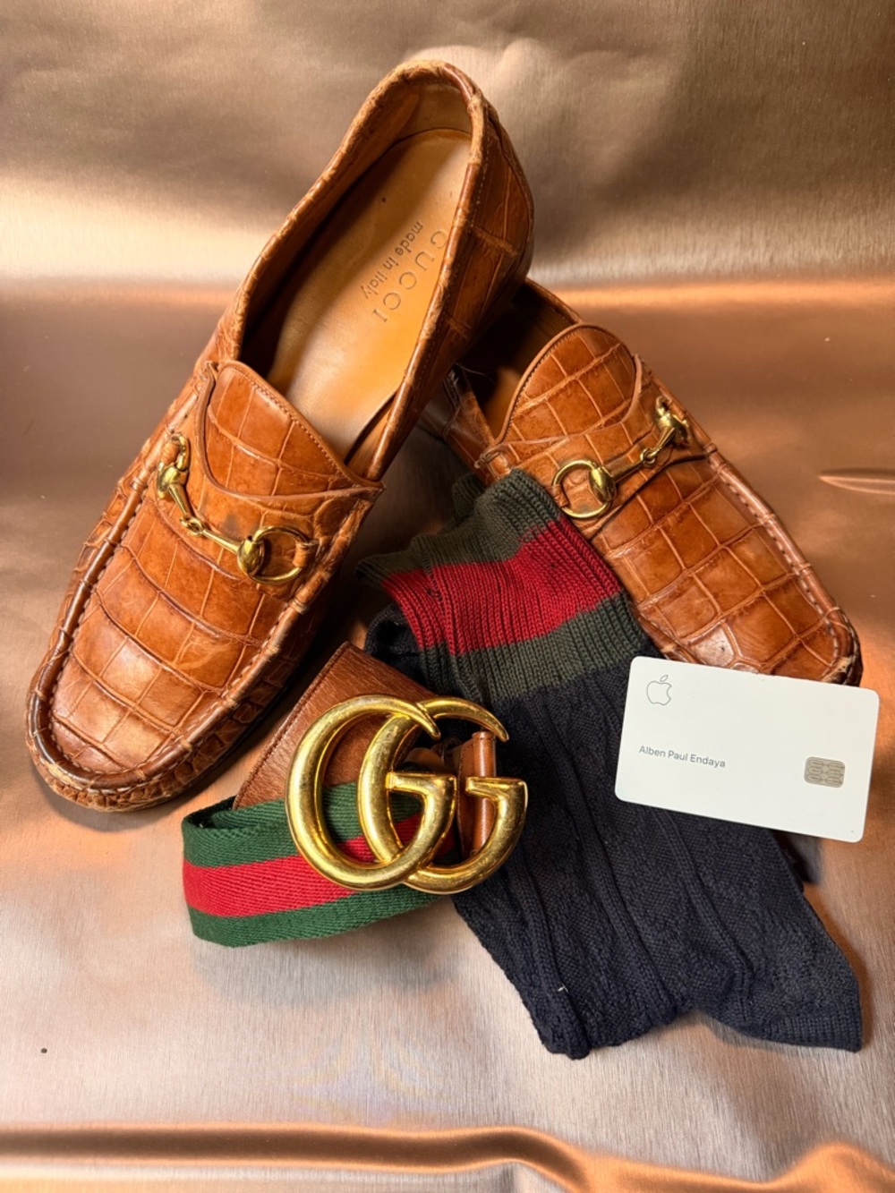 Men's GUCCI croc Horsebit loafer sz11/US12, GG web belt and cable knit socks - Picture 11 of 12